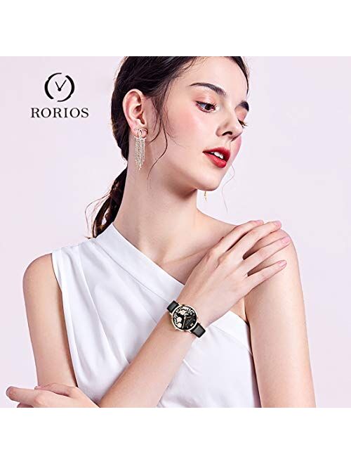 RORIOS Women Watch Beautiful Flower Dial Analogue Quartz Wristwatch Leather Band Ladies Watch