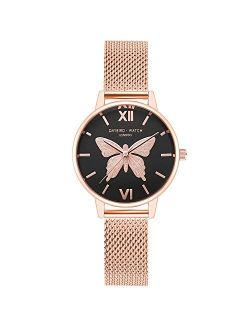 Women Watch Butterfly Dial Stainless Steel Mesh Strap Analogue Quartz Wristwatch Ladies Watch