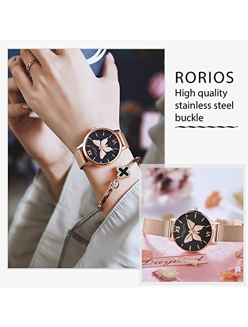 RORIOS Women Watch Butterfly Dial Stainless Steel Mesh Strap Analogue Quartz Wristwatch Ladies Watch