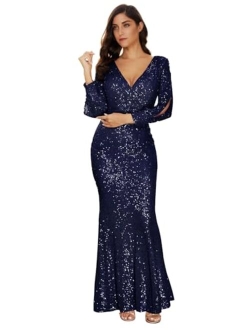 Women's Long Sleeve Full Sequins Mermaid Gown Long Prom Party Dress