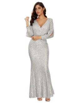 Women's Long Sleeve Full Sequins Mermaid Gown Long Prom Party Dress