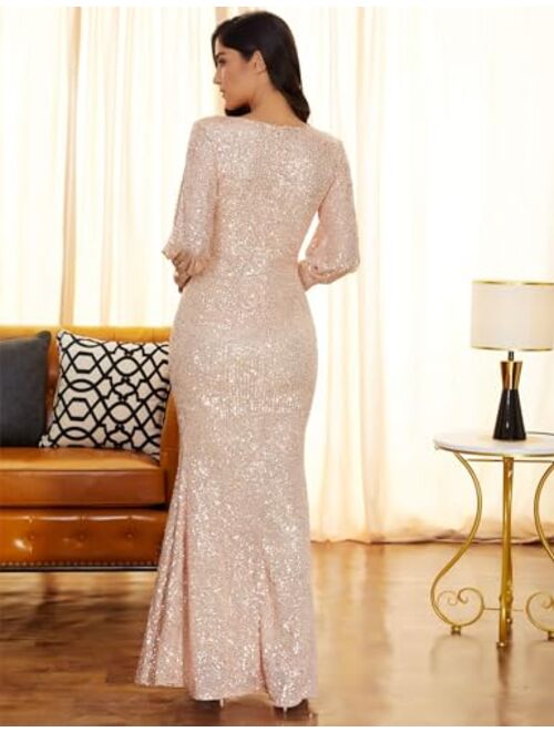 Women's Long Sleeve Full Sequins Mermaid Gown Long Prom Party Dress