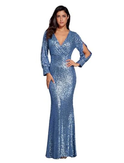 Women's Long Sleeve Full Sequins Mermaid Gown Long Prom Party Dress