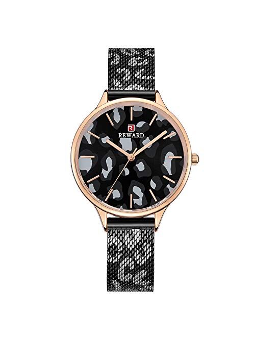 RORIOS Women Watch Leopard Dial Stainless Steel Mesh Strap Analogue Quartz Wristwatch Ladies Watch Female Watch Wrist Watch