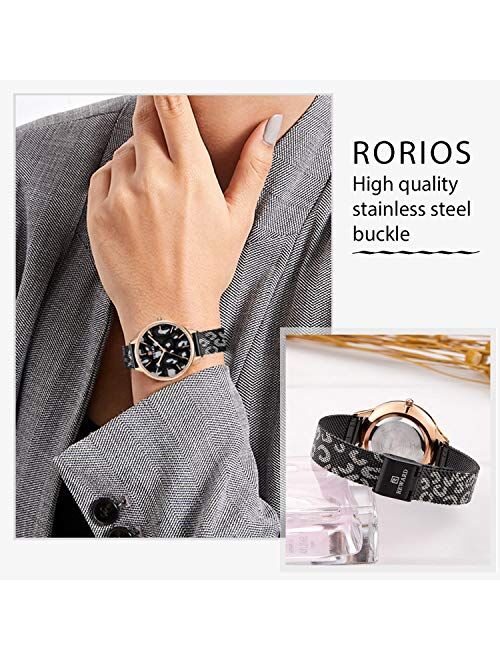 RORIOS Women Watch Leopard Dial Stainless Steel Mesh Strap Analogue Quartz Wristwatch Ladies Watch Female Watch Wrist Watch