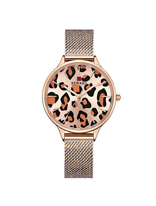 RORIOS Women Watch Leopard Dial Stainless Steel Mesh Strap Analogue Quartz Wristwatch Ladies Watch Female Watch Wrist Watch