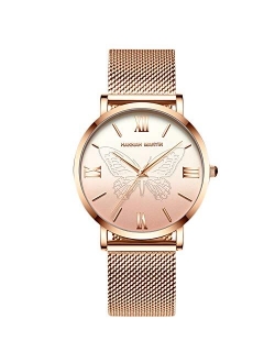 Fashion Ladies Analogue Quartz Watch Butterfly Watch Stainless Steel Mesh Strap Women Wristwatch