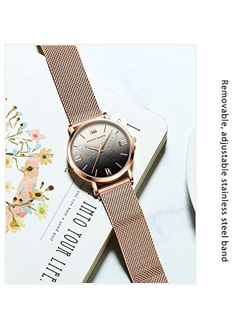 RORIOS Fashion Ladies Analogue Quartz Watch Butterfly Watch Stainless Steel Mesh Strap Women Wristwatch