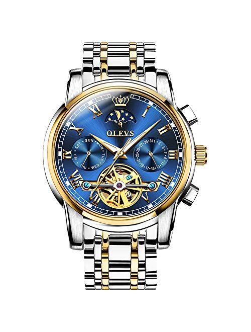 OLEVS Automatic Mechanical Men Watch Tourbillon Moon Phase Stainless Steel Dress Fashion Business Luminous Waterproof Date Week Male Wrist Watch