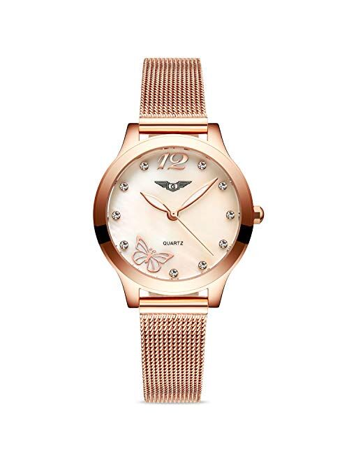 RORIOS Fashion Luxury Analogue Quartz Girl/Women Watches Stainless Steel Mesh Band Simulated Diamond Dial Wrist Watches Waterproof