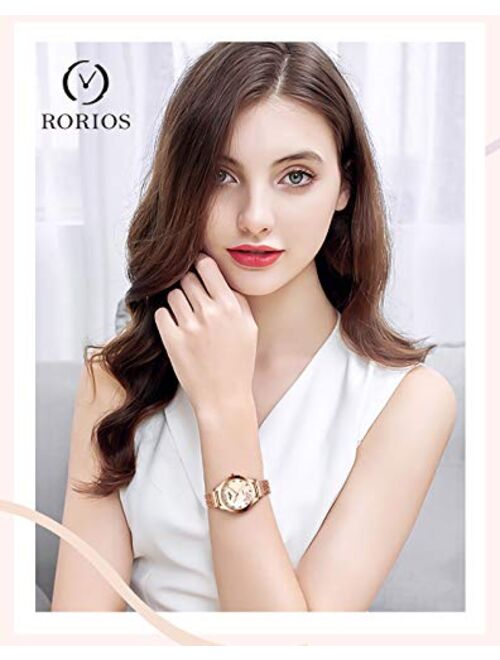 RORIOS Fashion Luxury Analogue Quartz Girl/Women Watches Stainless Steel Mesh Band Simulated Diamond Dial Wrist Watches Waterproof