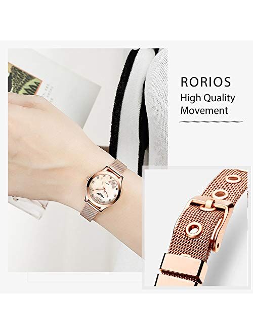 RORIOS Fashion Luxury Analogue Quartz Girl/Women Watches Stainless Steel Mesh Band Simulated Diamond Dial Wrist Watches Waterproof