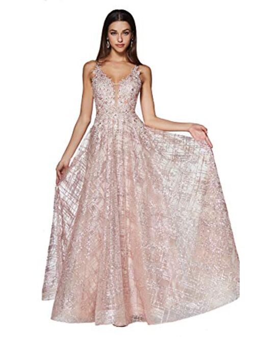 Meier Women's Plunging V Neck Lace Bodice Glitter Prom Formal Dress