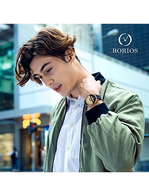 RORIOS Fashion Men Watch Analogue Quartz Watches with Date Starry Sky Dial Stainless Steel Mesh Strap Casual Wrist Watch for Men