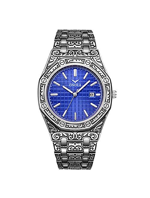 RORIOS Retro Men Watch Analog Quartz Watches Multifunctions Dial Stainless Steel Band Fashion Wrist Watch with Calendar Engraved Watch for Men