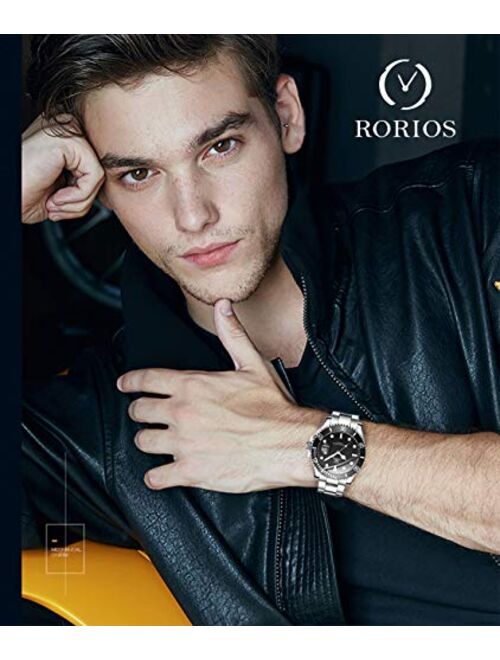 RORIOS Stylish Men Watch Luminous Analog Quartz Watches Stainless Steel Band Boys Wrist Watch Multifunction Dial Men's Watches