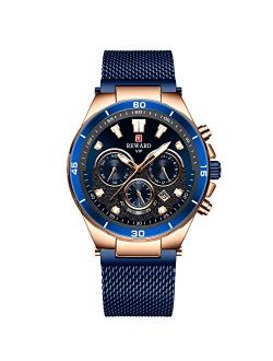 Business Men Sport Watch Luminous Stopwatch Lap Timer Date Calendar Stainless Steel Mesh Strap Wrist Watch