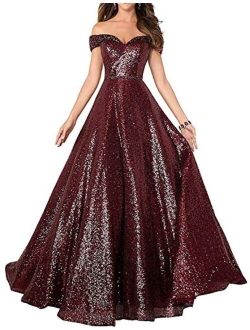 Elinadress Women's Long Off Shoulder Prom Dress 2020 Sparkly Sequins Evening Party Ball Gown 140