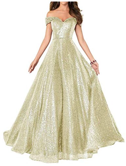 Elinadress Women's Long Off Shoulder Prom Dress 2020 Sparkly Sequins Evening Party Ball Gown 140