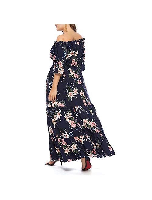 Women's Bohemian Floral Maxi Dress Off Shoulder Summer Printed Dress Floral Chiffon Wrap Boho Maxi Dresses-XXL