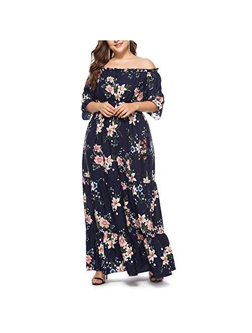 Women's Bohemian Floral Maxi Dress Off Shoulder Summer Printed Dress Floral Chiffon Wrap Boho Maxi Dresses-XXL