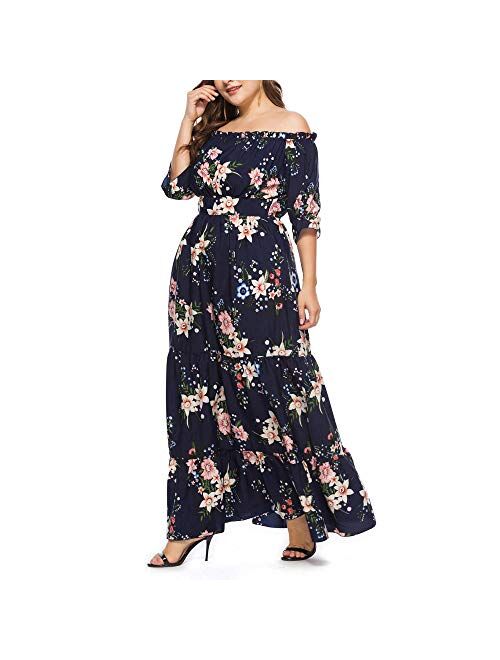 Women's Bohemian Floral Maxi Dress Off Shoulder Summer Printed Dress Floral Chiffon Wrap Boho Maxi Dresses-XXL