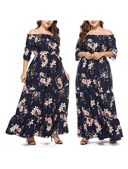 Women's Bohemian Floral Maxi Dress Off Shoulder Summer Printed Dress Floral Chiffon Wrap Boho Maxi Dresses-XXL