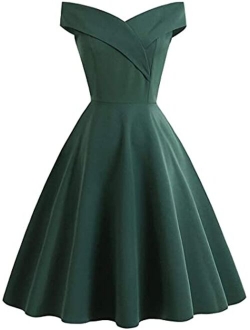 GHdyuz Women's 50s 60s Vintage Off Shoulder A Line Flared Swing Guest Cocktail Dress