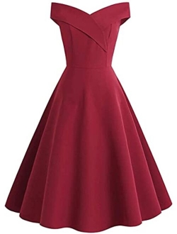 GHdyuz Women's 50s 60s Vintage Off Shoulder A Line Flared Swing Guest Cocktail Dress