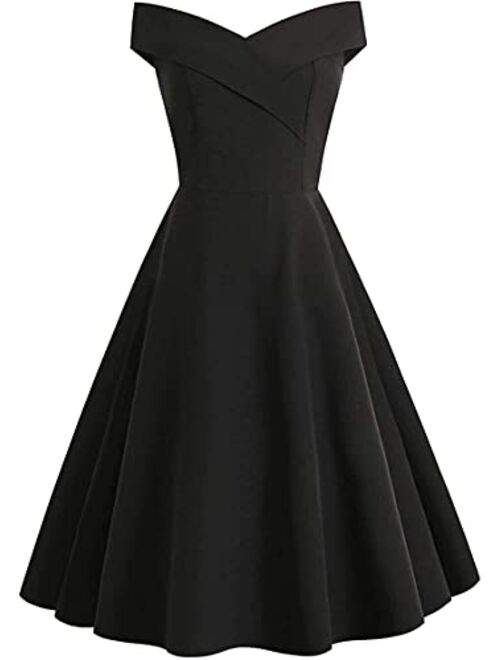 GHdyuz Women's 50s 60s Vintage Off Shoulder A Line Flared Swing Guest Cocktail Dress