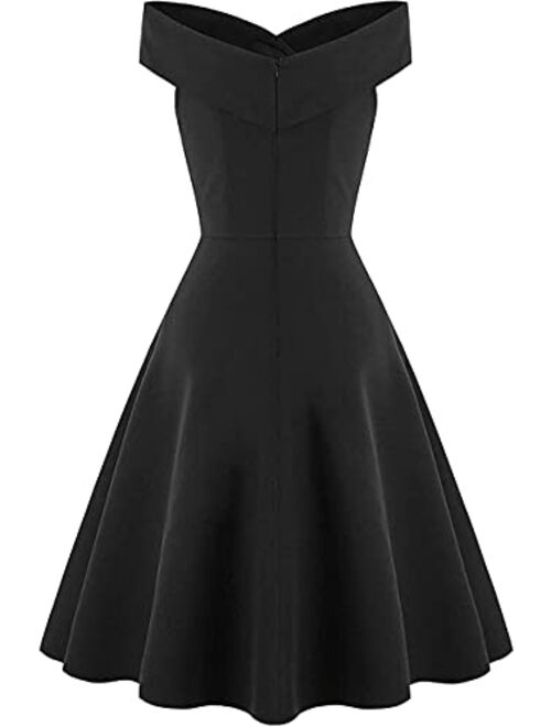 GHdyuz Women's 50s 60s Vintage Off Shoulder A Line Flared Swing Guest Cocktail Dress