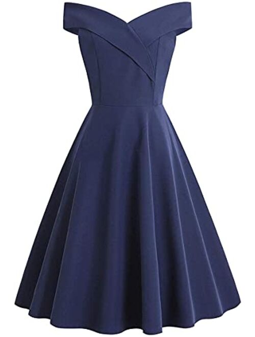 GHdyuz Women's 50s 60s Vintage Off Shoulder A Line Flared Swing Guest Cocktail Dress