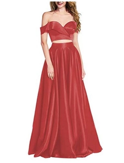 OYISHA Women 2 Piece Prom Dresses Long 2020 with Pockets Off The Shoulder Formal Evening Gown HP04