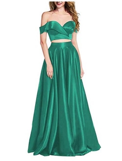 OYISHA Women 2 Piece Prom Dresses Long 2020 with Pockets Off The Shoulder Formal Evening Gown HP04