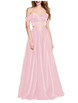 OYISHA Women 2 Piece Prom Dresses Long 2020 with Pockets Off The Shoulder Formal Evening Gown HP04