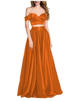 OYISHA Women 2 Piece Prom Dresses Long 2020 with Pockets Off The Shoulder Formal Evening Gown HP04