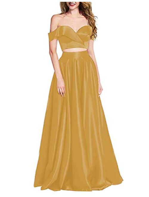 OYISHA Women 2 Piece Prom Dresses Long 2020 with Pockets Off The Shoulder Formal Evening Gown HP04