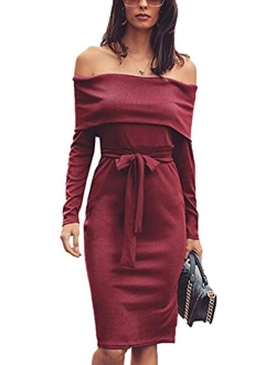 HOND Women Fold Over Off Shoulder Tied Waist Dress