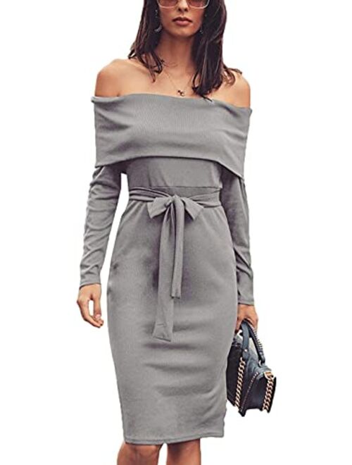 HOND Women Fold Over Off Shoulder Tied Waist Dress