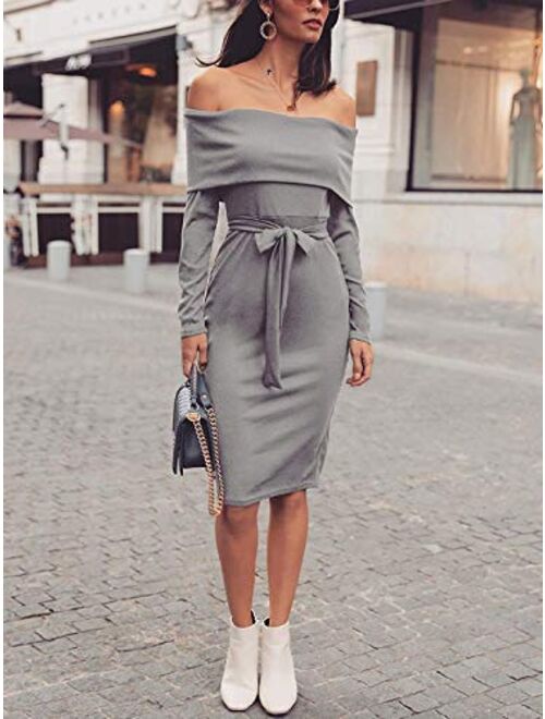 HOND Women Fold Over Off Shoulder Tied Waist Dress