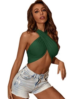 Women's Sexy Sleeveless Halter Criss Cross Self Tie Backless Crop Top