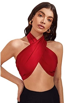 Women's Sexy Sleeveless Halter Criss Cross Self Tie Backless Crop Top