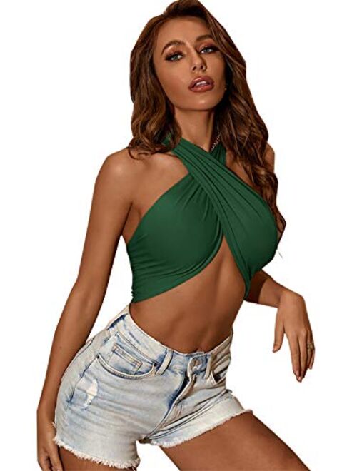 Verdusa Women's Sexy Sleeveless Halter Criss Cross Self Tie Backless Crop Top