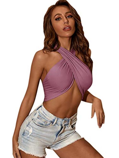 Verdusa Women's Sexy Sleeveless Halter Criss Cross Self Tie Backless Crop Top