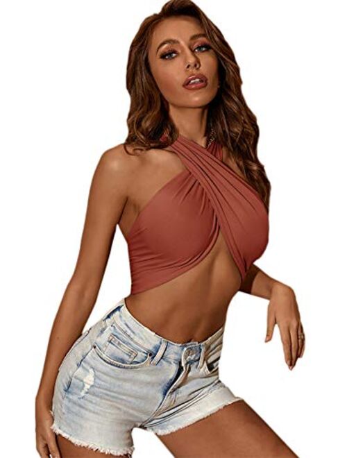 Verdusa Women's Sexy Sleeveless Halter Criss Cross Self Tie Backless Crop Top