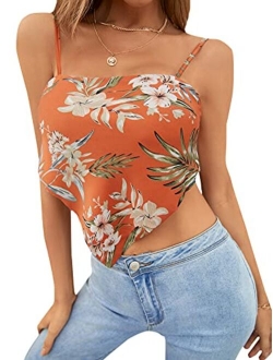 Women's Scarf Print Tie Back Spaghetti Strap Asymmetrical Satin Cami Crop Top