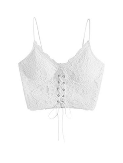 Women's Eyelet Lace Up Sleeveless Spaghetti Strap Zip Back Crop Camisole Cami Top Vest