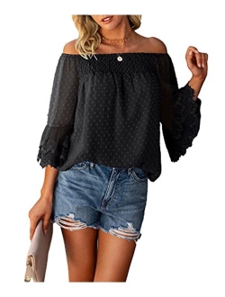 Women’s Summer Off Shoulder Tops Ruffle 3/4 Bell Sleeve Swiss Dot Casual Shirts Blouse