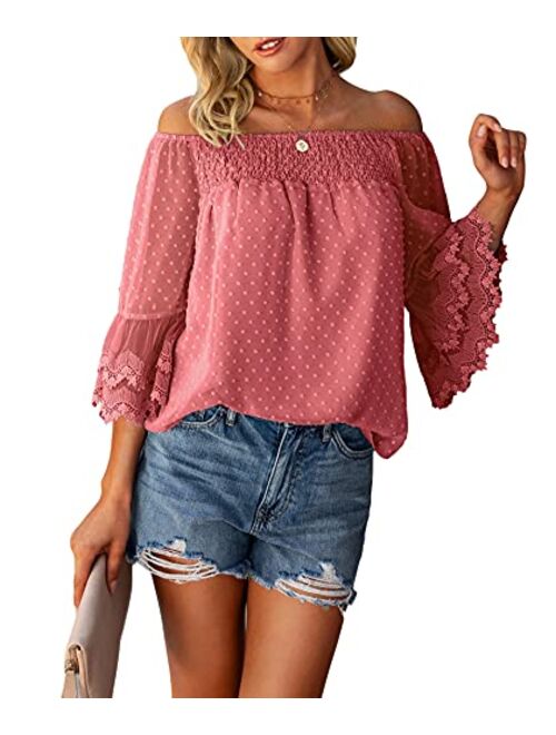 Women’s Summer Off Shoulder Tops Ruffle 3/4 Bell Sleeve Swiss Dot Casual Shirts Blouse