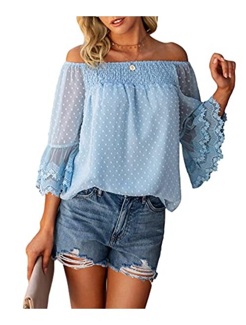 Women’s Summer Off Shoulder Tops Ruffle 3/4 Bell Sleeve Swiss Dot Casual Shirts Blouse